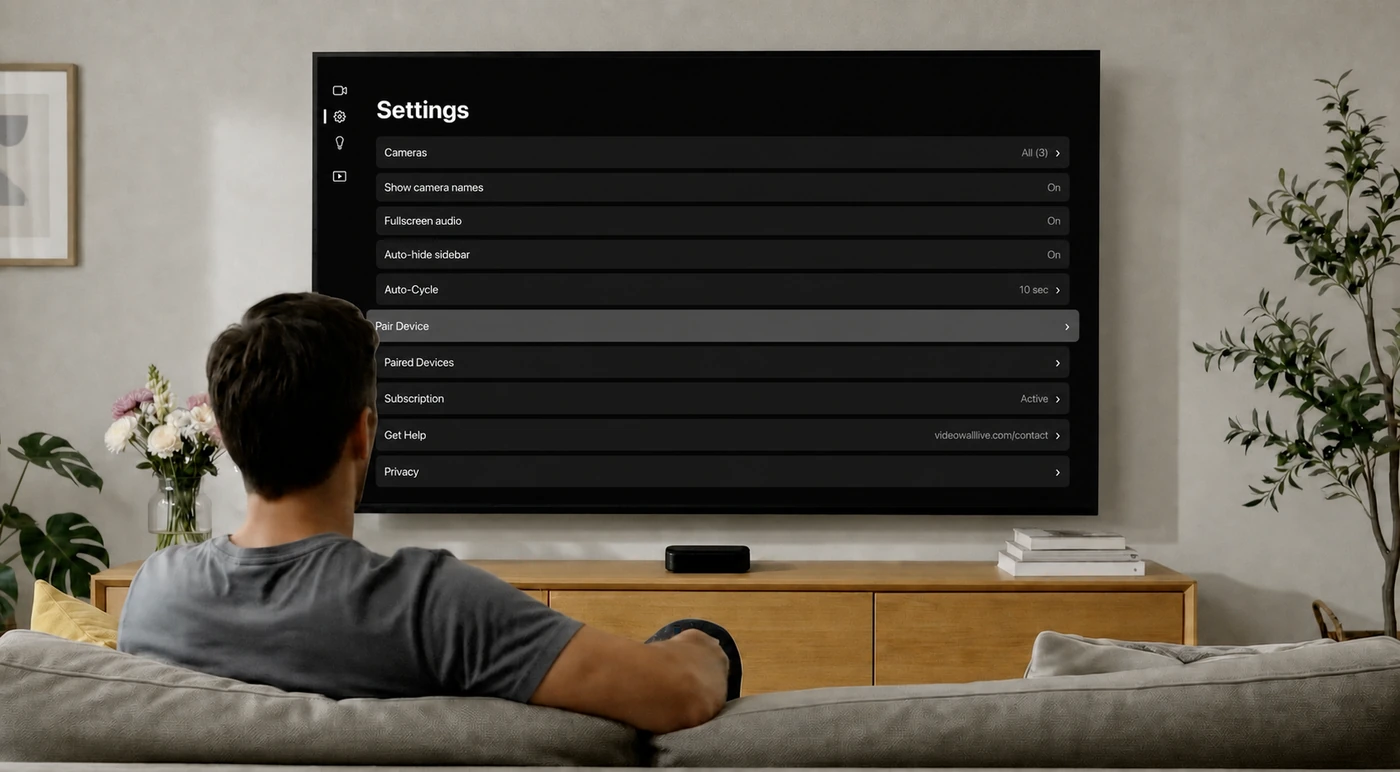 The Video Wall Settings screen on a TV, with Pair Device selected in the list