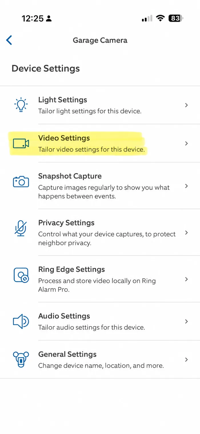 Device Settings screen with Video Settings highlighted