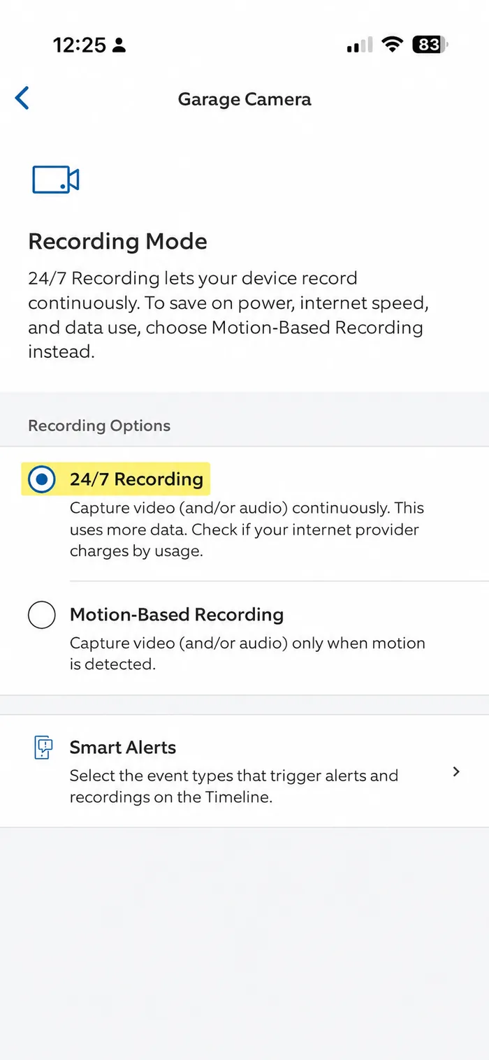 Recording Mode options with 24/7 Recording selected
