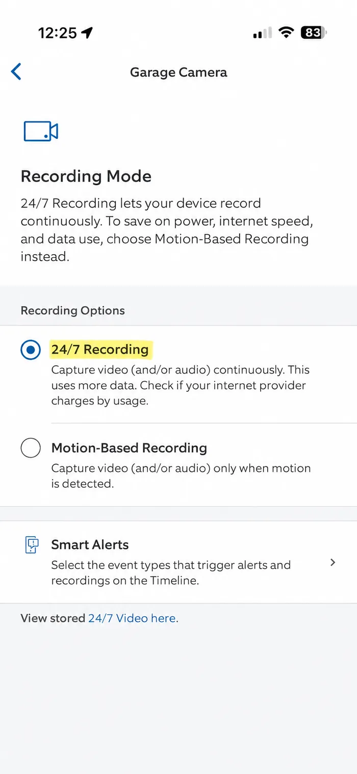 Recording Mode set to 24/7 Recording