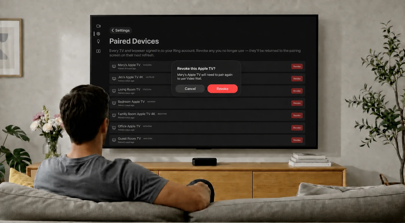 A Revoke this Apple TV? confirmation naming the device, with Cancel and Revoke buttons