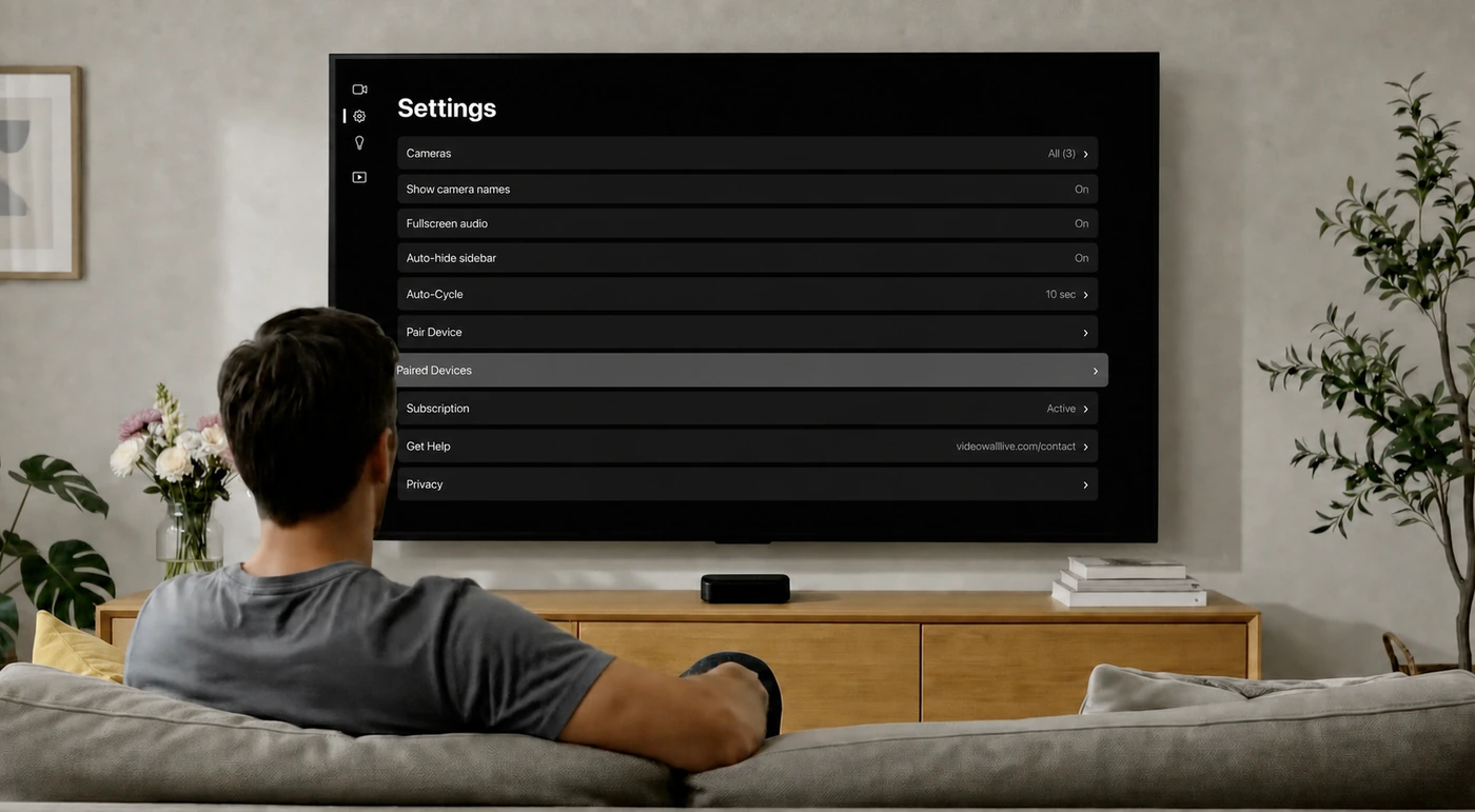 The Video Wall Settings screen on a TV, with Paired Devices selected in the list
