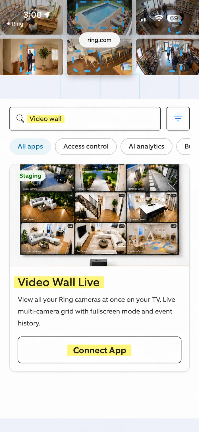 Ring Appstore search results showing the Video Wall Live listing