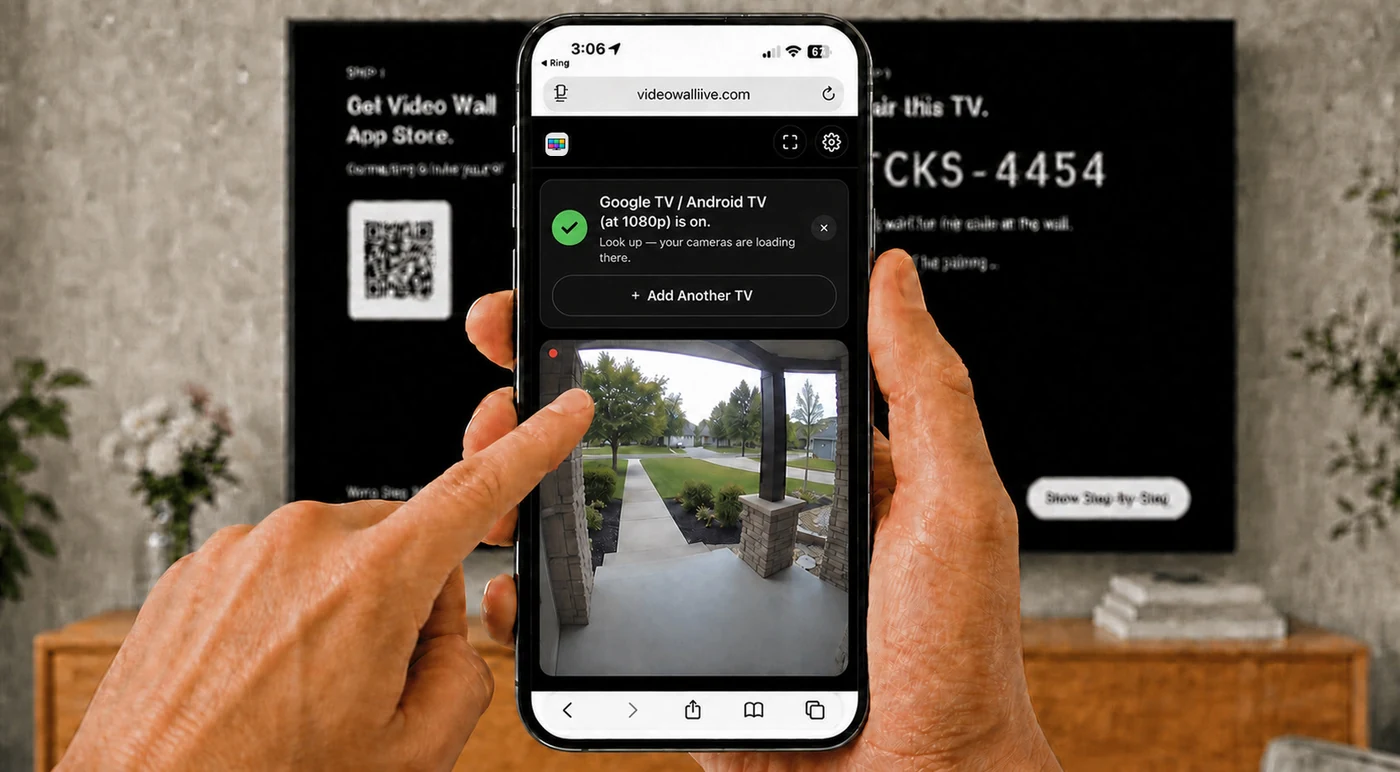 The Video Wall app on a phone showing a green check and "Google TV is on", with an Add Another TV button and your cameras below