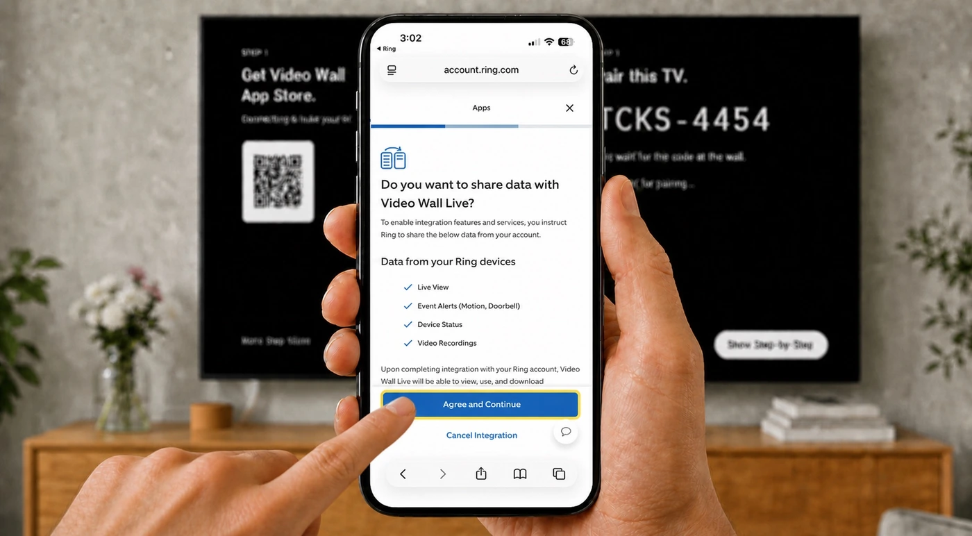 The data sharing consent screen, with a finger on the highlighted Agree and Continue button