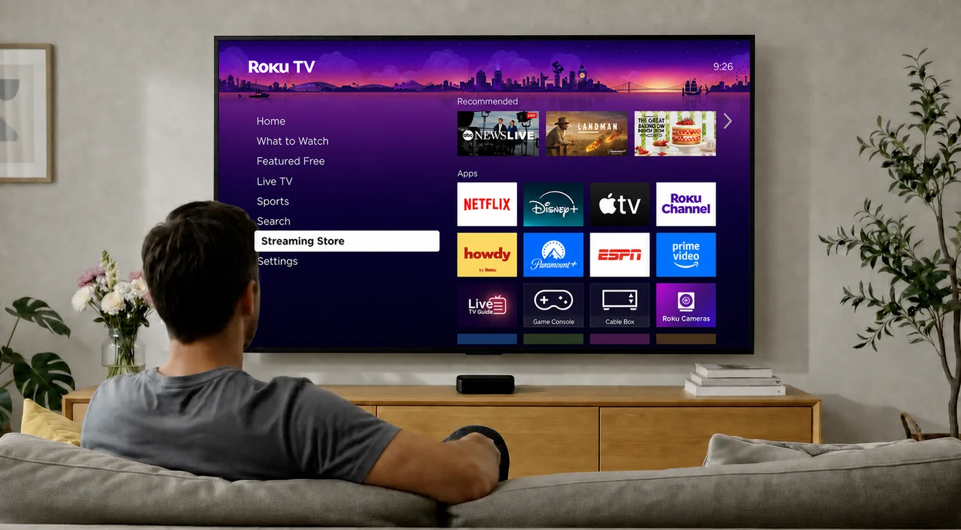 Roku home screen with Streaming Store selected in the sidebar