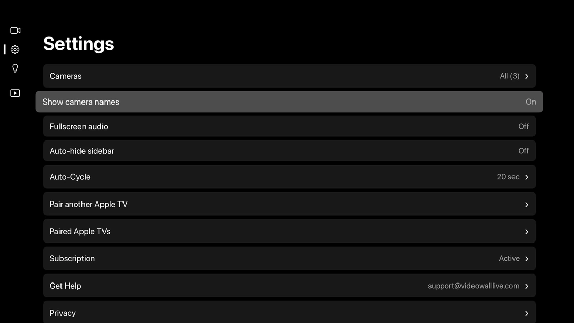 Video Wall's Settings screen on the TV with the Show camera names row highlighted and set to On