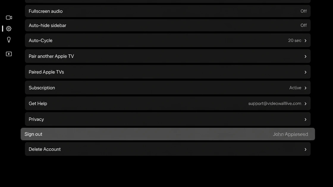 The bottom of Video Wall's Settings screen with the Sign out row highlighted, showing the signed-in Ring account name, and Delete Account below it