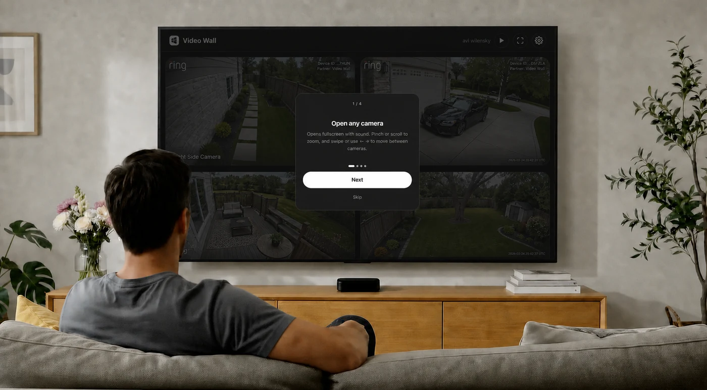 The Video Wall grid open in a TV browser, with the Open any camera tour card over it