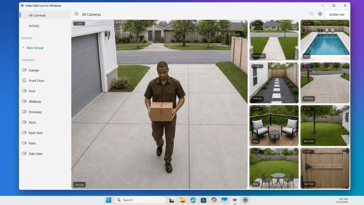 The Video Wall window on Windows in Featured layout: the Garage camera large on the left, the other eight cameras in a column of small tiles on the right