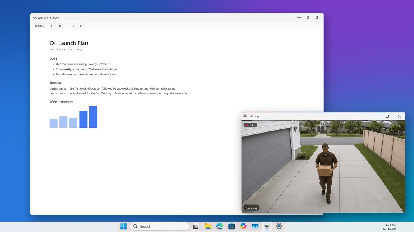 A Garage camera in its own window on a Windows desktop, over a document