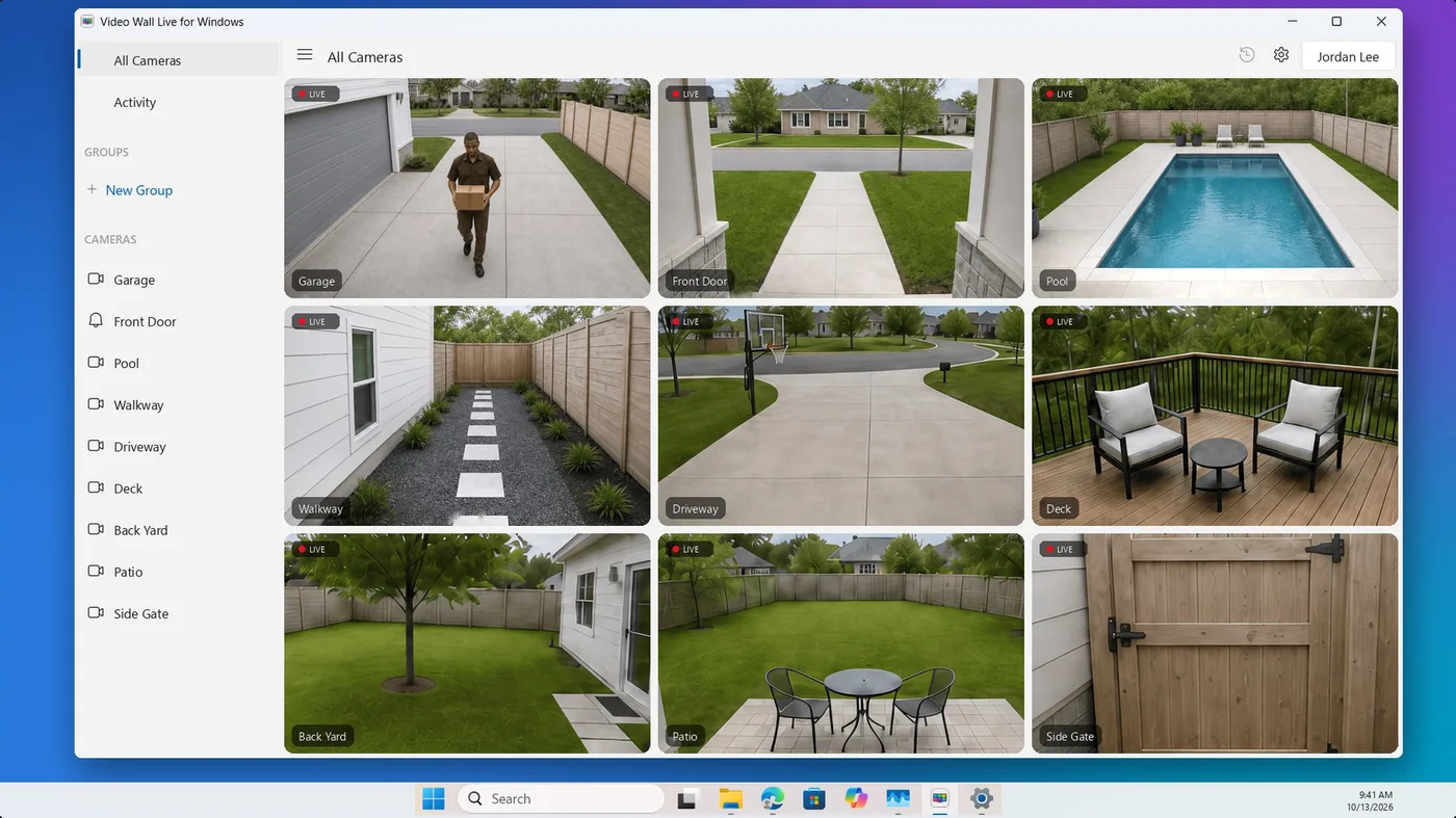 The Video Wall Live for Windows window: a sidebar listing All Cameras, Activity, New Group and nine cameras, beside the nine cameras live in a grid