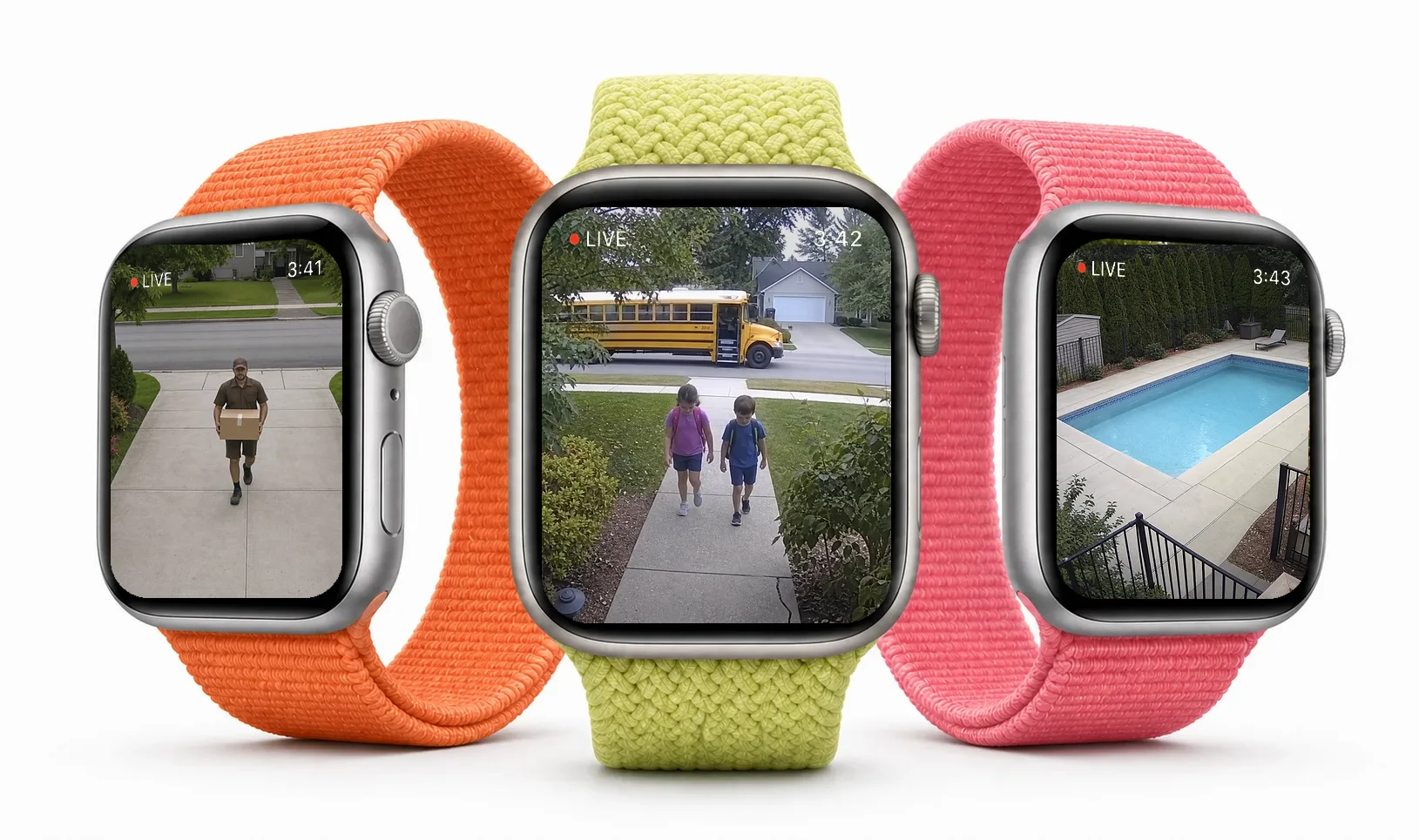 Three Apple Watches showing live Ring camera views: a delivery at the front door, kids heading to the school bus, and a backyard pool